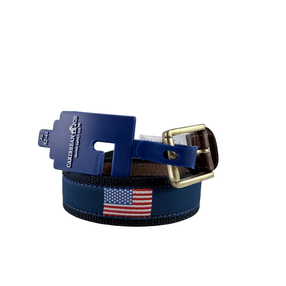Caribbean Joe Mens Webbed Web Belt XL 42 44 American Flag Ribbon Leather Trim